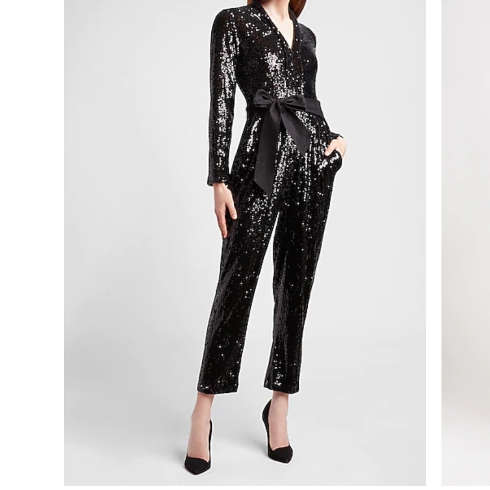 Express Sequin Belted Jumpsuit